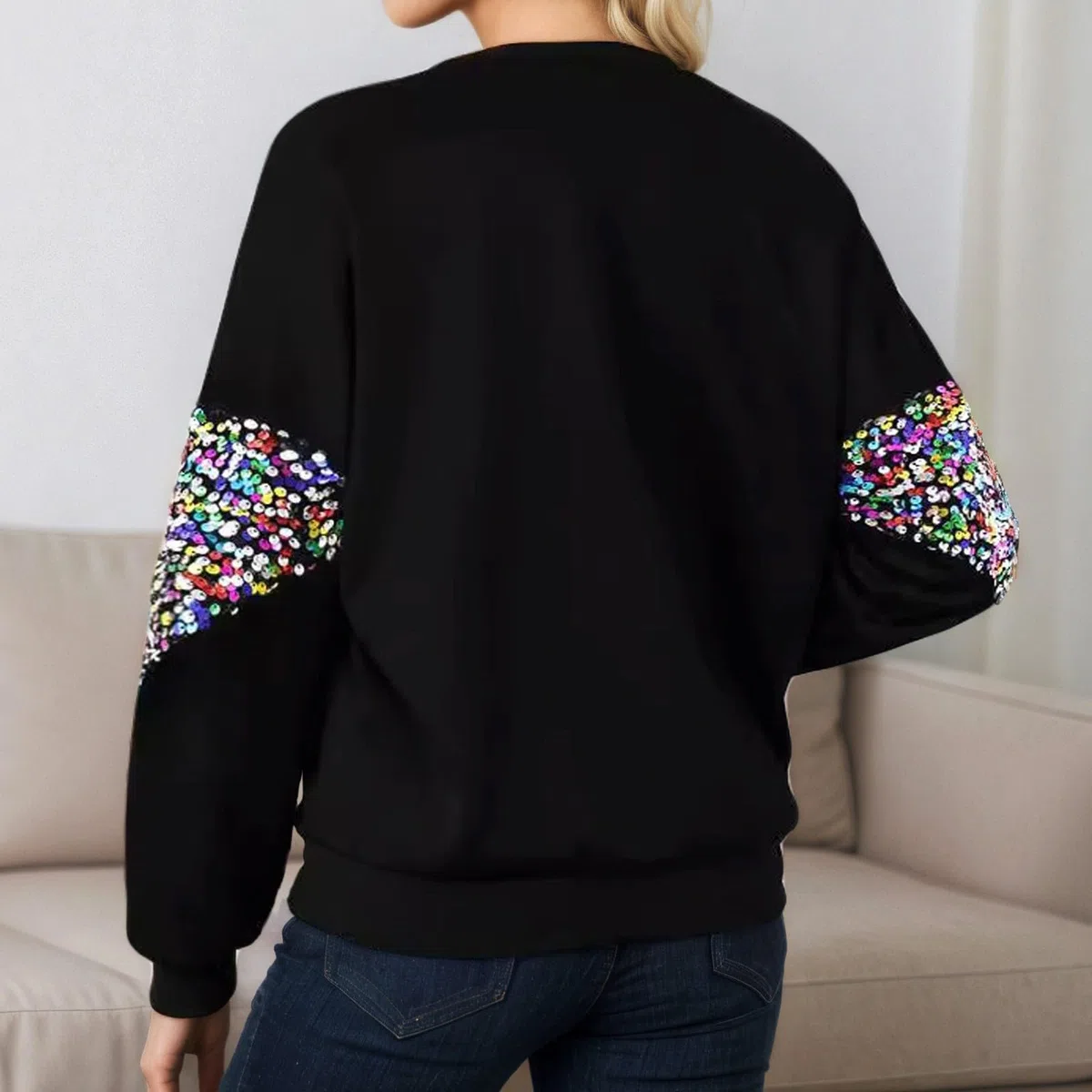 Sudadera Mujer Sin Capucha，Sudadera Mujer Cuello Manga Larga con Lentejuelas Ropa Informal Otoño Invierno