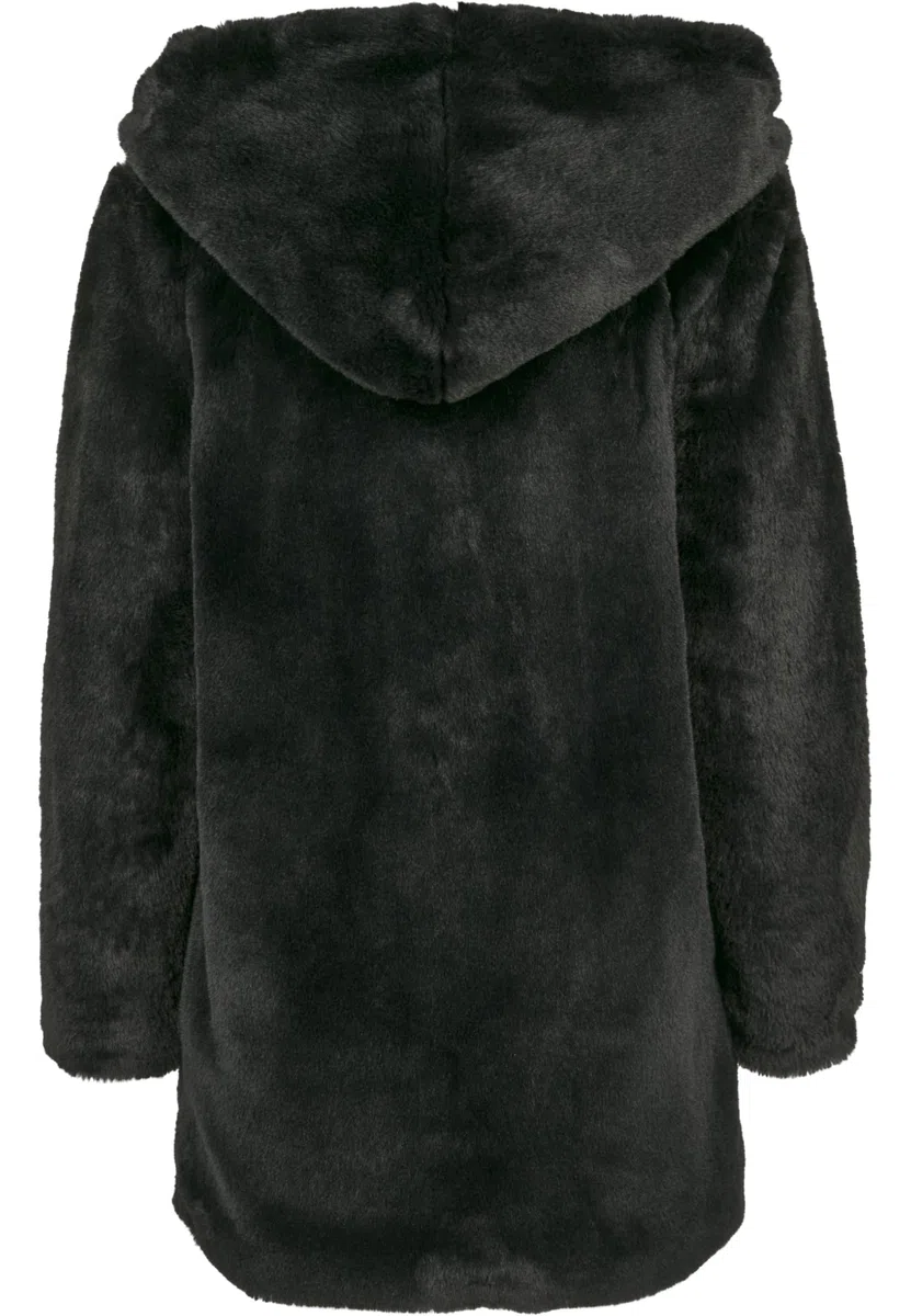 URBAN CLASSICS Abrigo de Pelo Sintético para Mujer con Capucha Grande, Chaqueta con Bolsillos Laterales y Cierre de Ojal, Tallas XS a 5XL