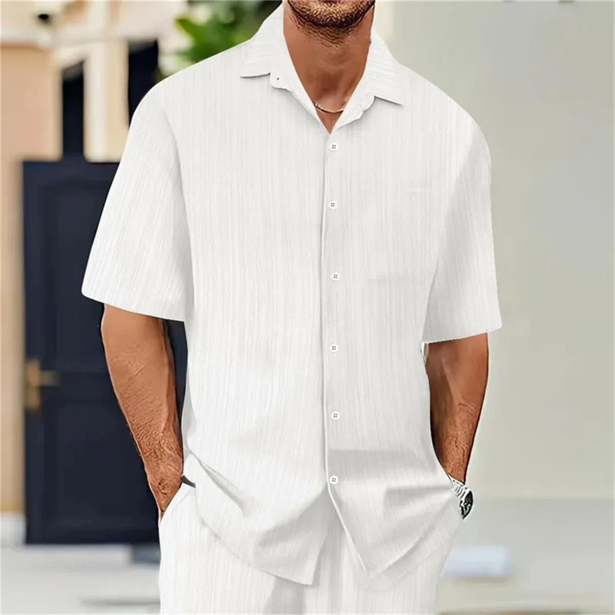 Camisa de manga corta para hombre, ligera, transpirable, color sólido, cuello de vuelta, para uso diario