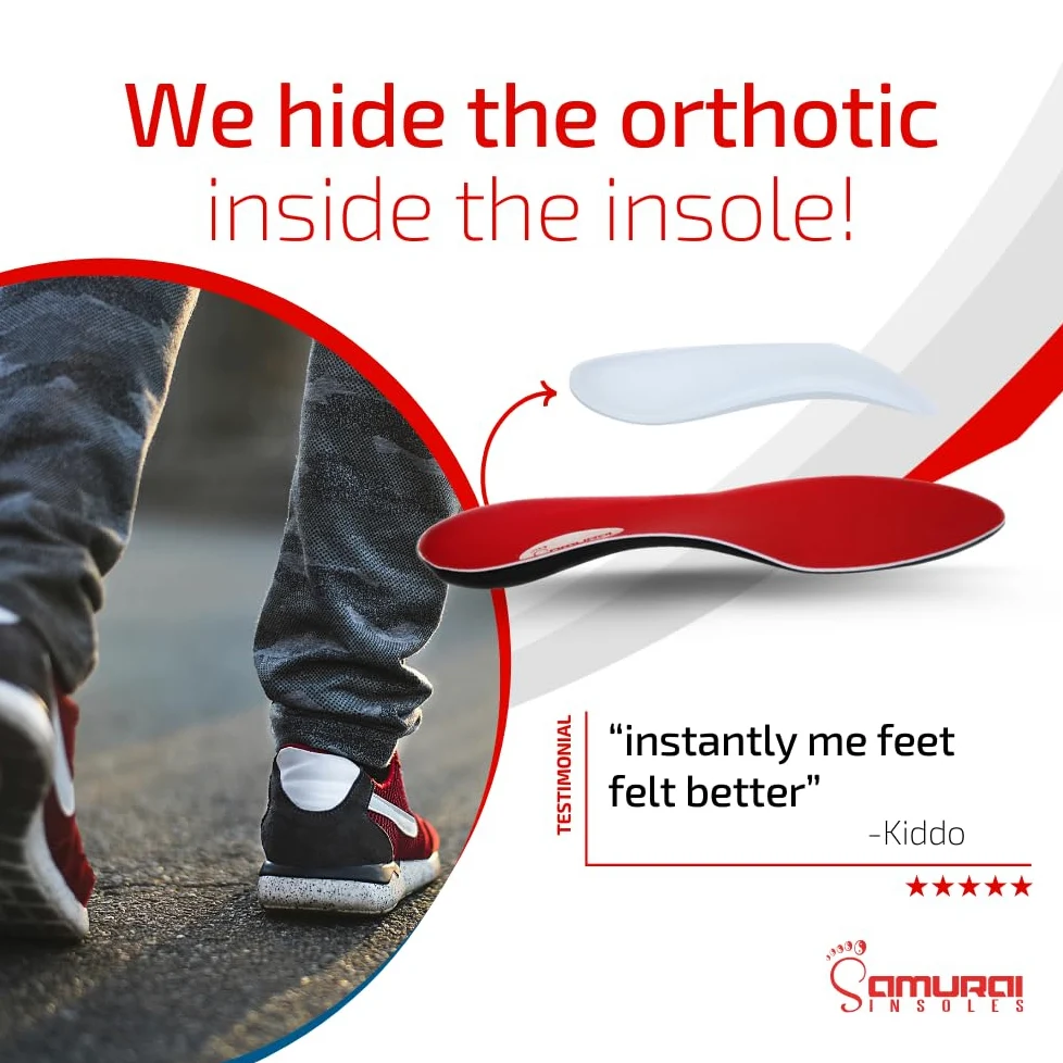 Samurai Insoles Alivio instantáneo ortesis para pie plano para hombres o mujeres-entrega de Happy Feet utilizando nuestra probada apoyo arco zapato insertar