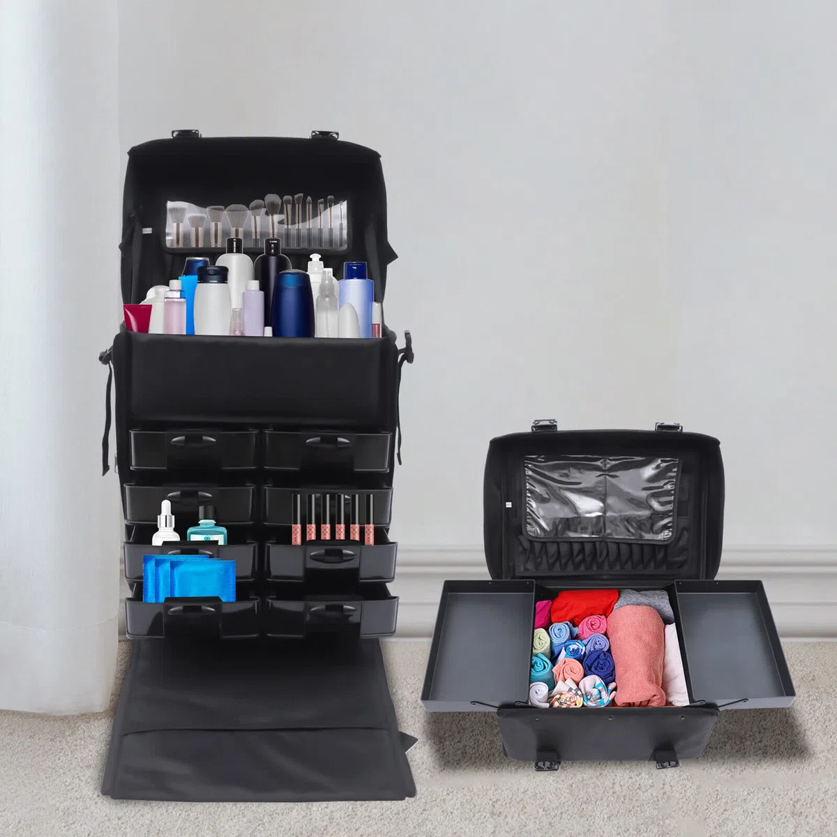 Maleta de maquillaje con cajones de almacenamiento y ruedas omnidireccionales 2 en 1 para viajes material de nailon estuche de belleza maletín de viaje maletín de peluquería maletín cosmético