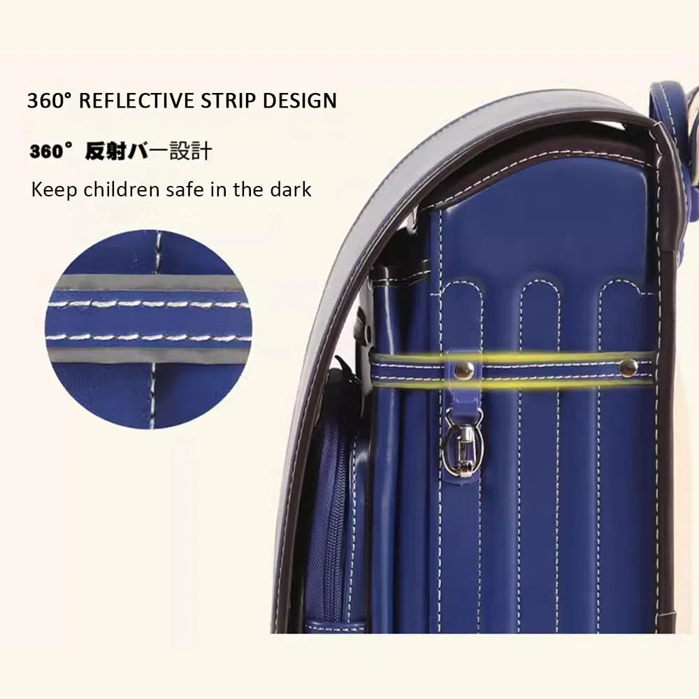 Ransel Randoseru PU Leather Japanese Box Backpack con Bloqueo Automático Bolsa De Escuela Ligera,Negro,35 * 27 * 18cm