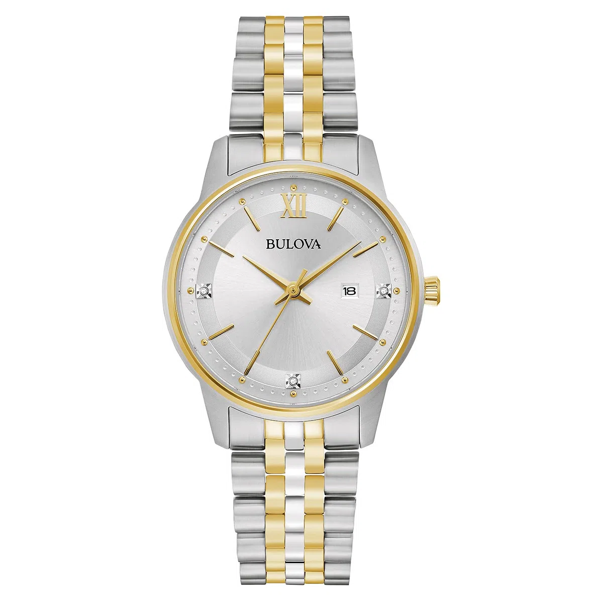 Bulova Reloj de Vestir clásico de Diamantes para Mujer con Fecha de día, Esfera Plateada de Dos Tonos, Standard, Diamante clásico de Cuarzo de 3 manecillas