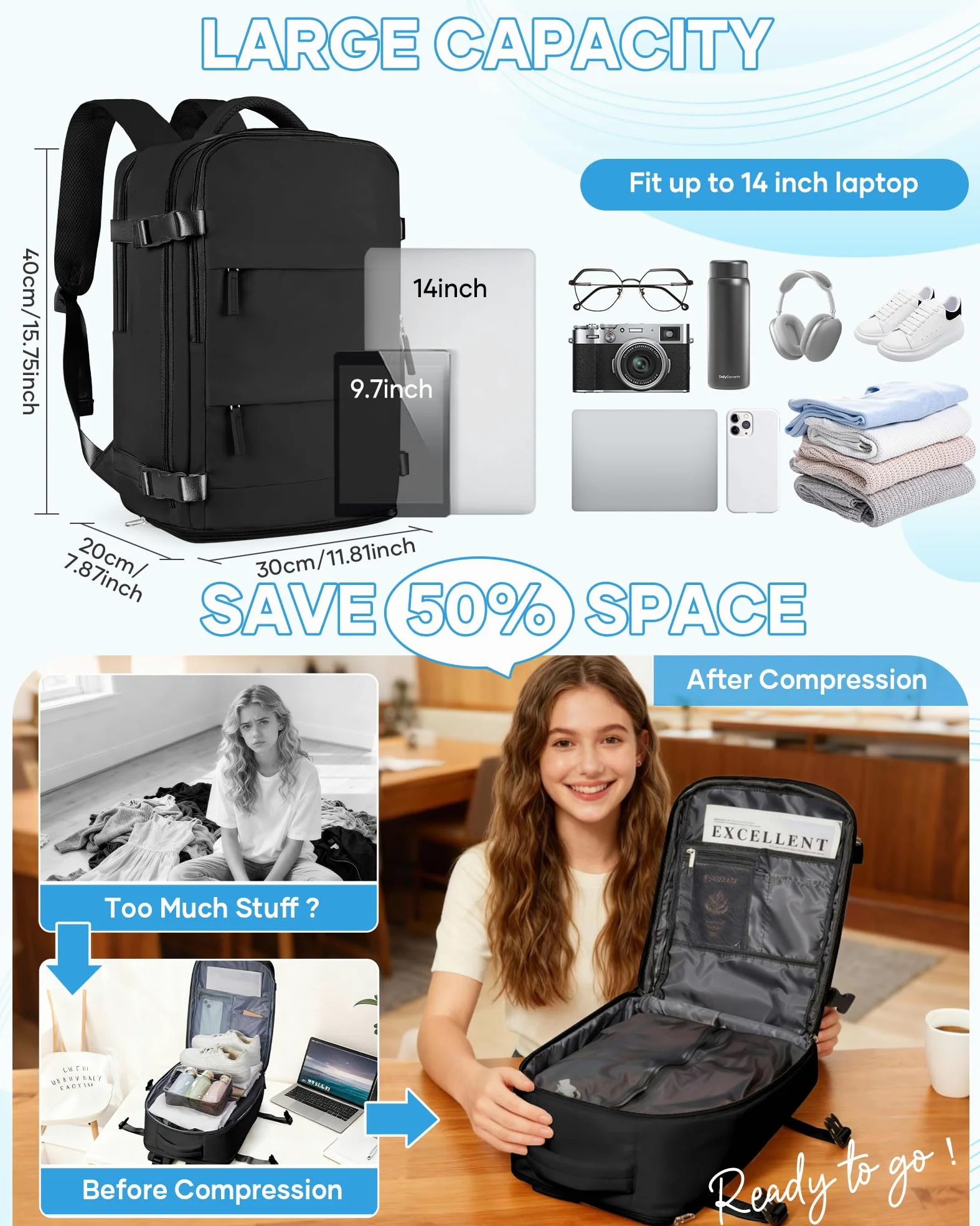 SZLX Mochila al Vacío con Bomba Equipaje de Mano 40x30x20 Ryanair Vueling Wizzair Mochila Viaje Cabina Avion 40x20x30 Mujer Maletas de Viaje Cabina Easyjet Mochila Portatil Hombre
