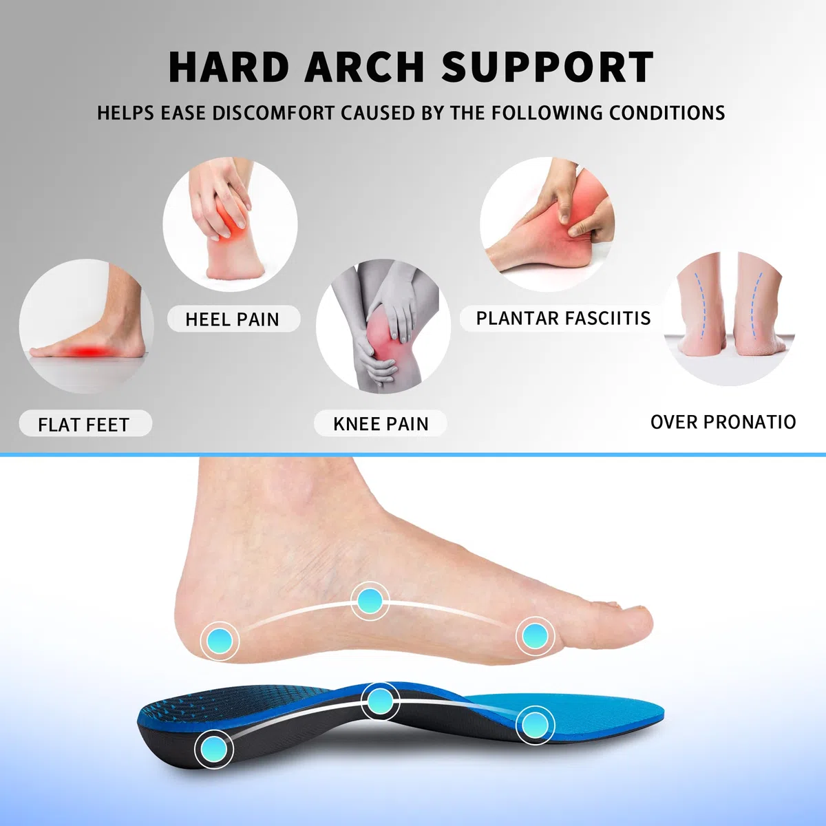 FEELLIFE Plantillas ortopédicas para fascitis plantar, 1 par, alivio de la fascitis plantar, más de 220 libras, soporte de arco alto, plantillas de zapatos para pies planos. [Hombres 5-5 1/2 | Mujeres