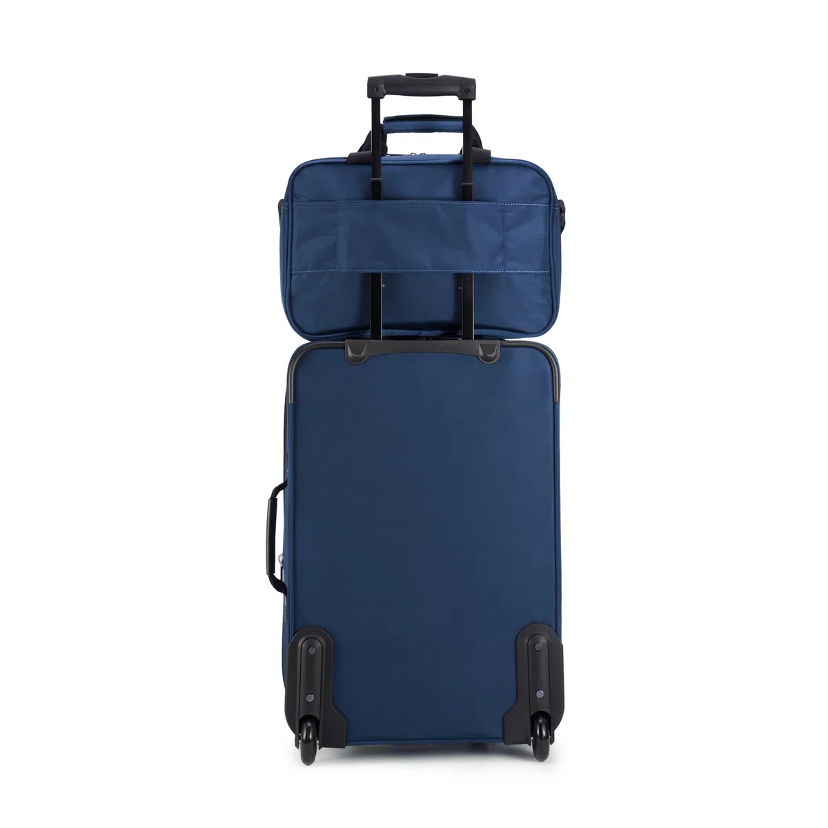 Amazon Basics Juego de Equipaje Blando de 2 Piezas, Maleta de Mano Expandible (58 cm) y Bolsa de Mano (25 cm), Ligeros, 100% Poliéster, Apilable, Azul Marino