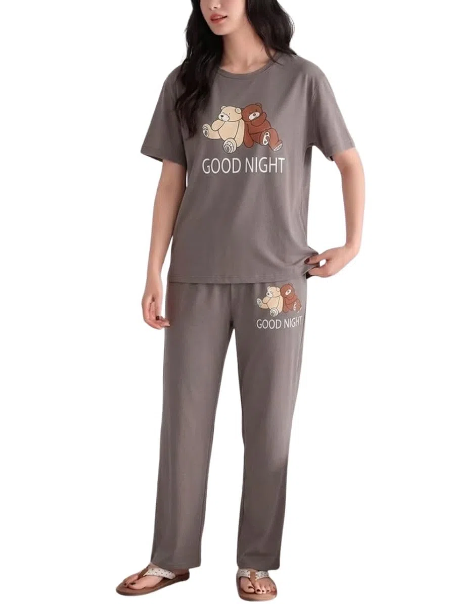 SMOWKLY Conjunto de pijama de dos piezas de mezcla de algodón de alta calidad con bonito estampado para mujer, camiseta elegante con pantalón de pijama, ropa de descanso cómoda