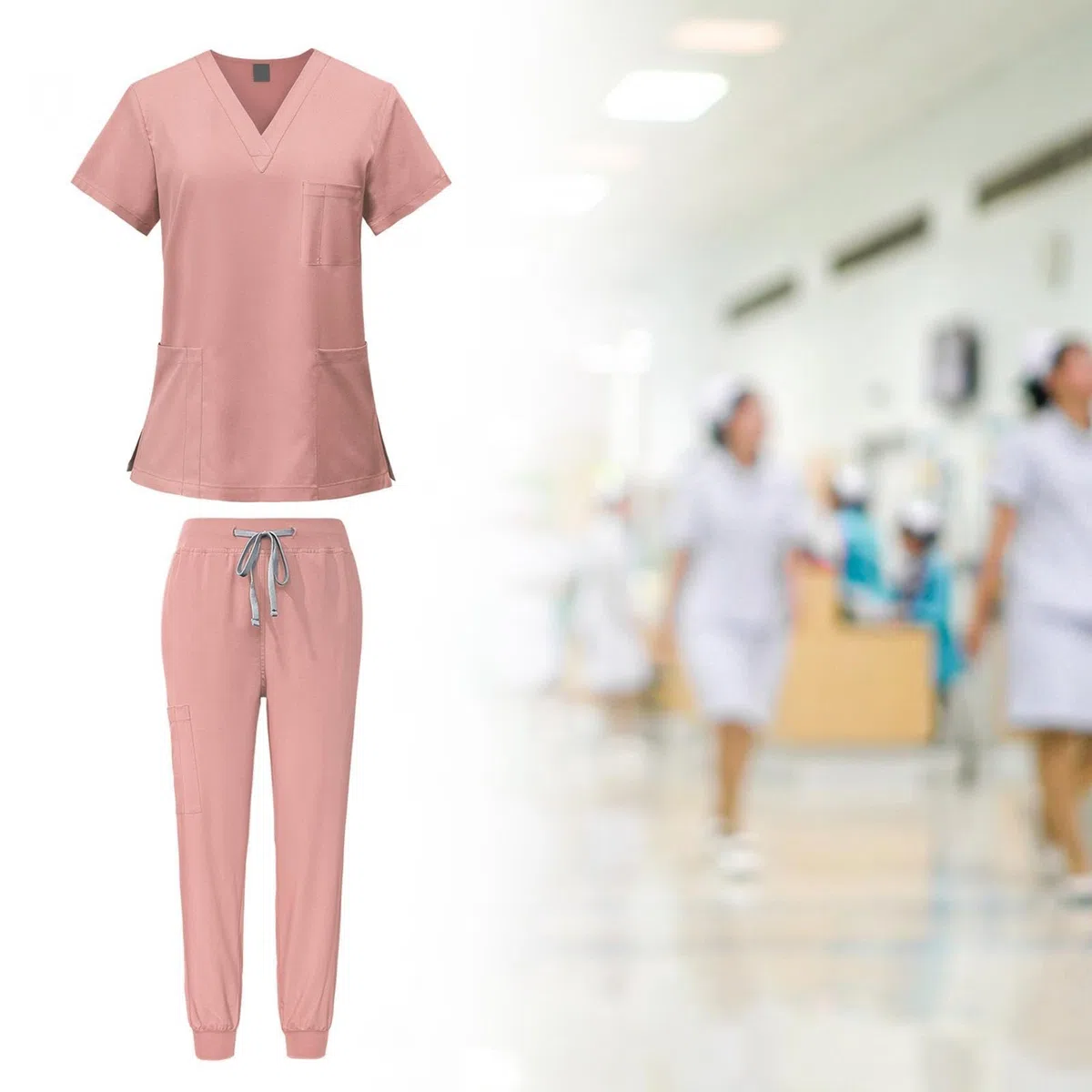 Baoblaze Conjunto de Uniforme Médico para Mujer, Pantalón Y Blusa con Detalles Modernos, rosa y gris
