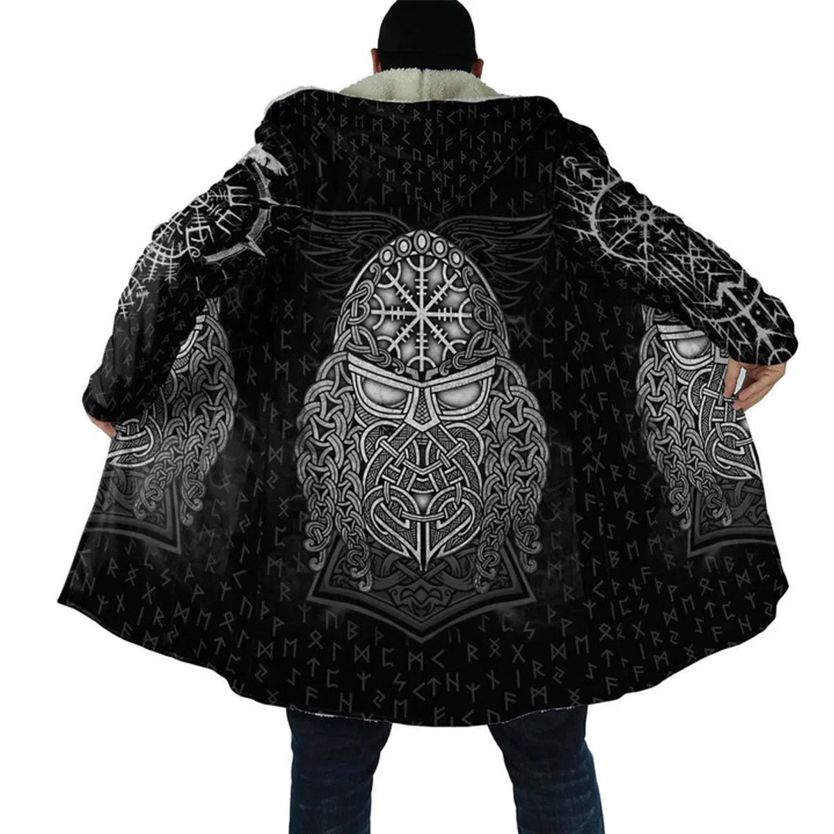 Viking Odin Hombres Invierno Poncho con capucha, cremallera completa engrosada Chaqueta con capucha caliente, de lana de imitación Parka Abrigo Chaqueta Casual Abrigo Bata