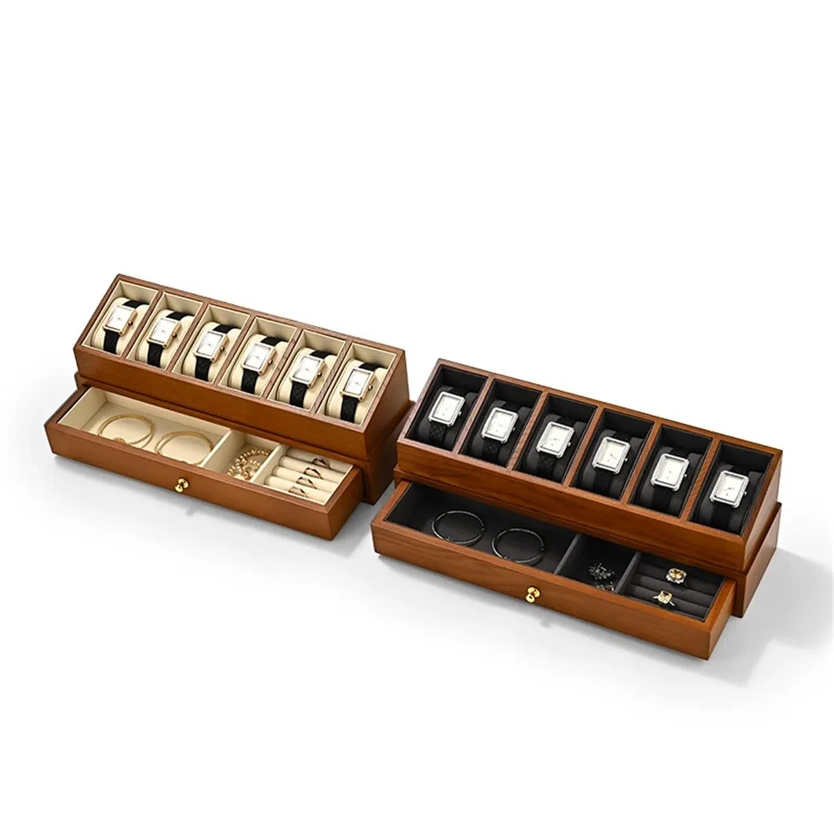 Caja de relojes de madera maciza Caja de reloj madera, organizador 6 rejillas, almacenamiento exhibición muñeca joyería doble capa