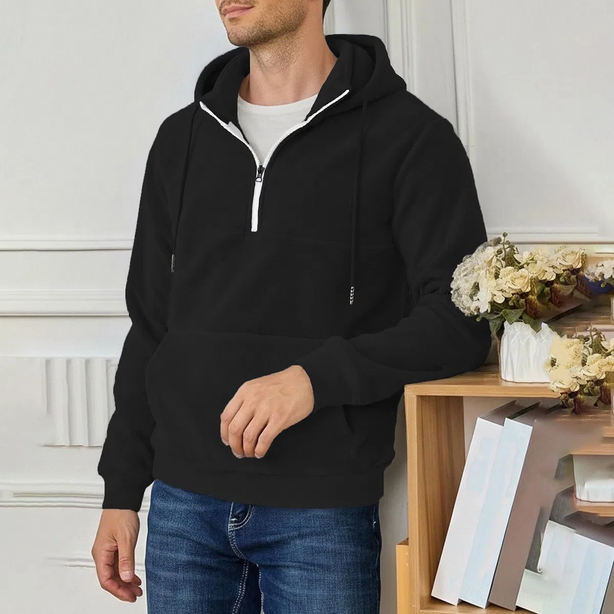 Ropa Anti UV Hombre Sudadera con Capucha Y Cremallera De Un para Hombre, Forro, Manga Larga, Estilo Oversize, Cálida, Bolsillo. Sudaderas Azul (Black, L) Deporte Caza Camiseta Sin