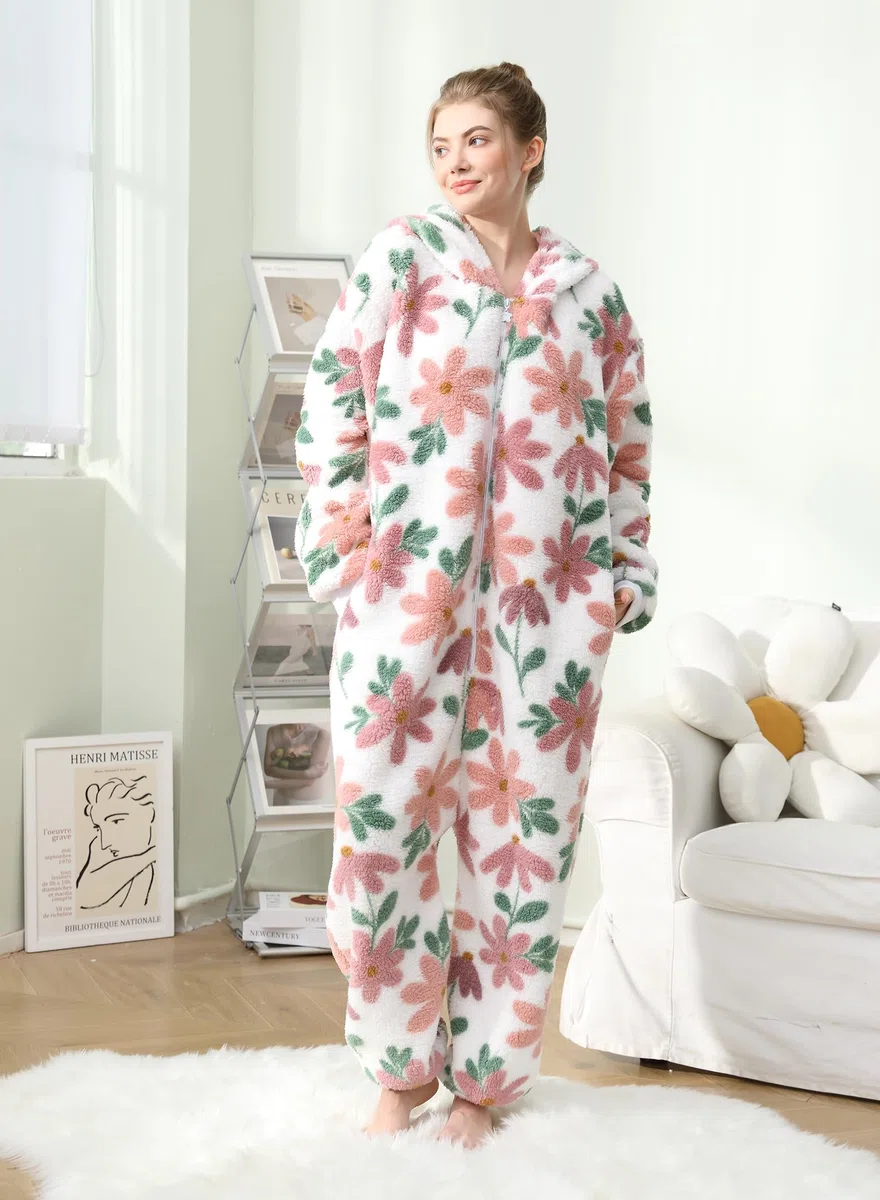 Pijama mullido con capucha para mujer, con cremallera, forro polar cálido, estampado de una pieza, ropa de dormir de invierno, ropa de dormir de Navidad