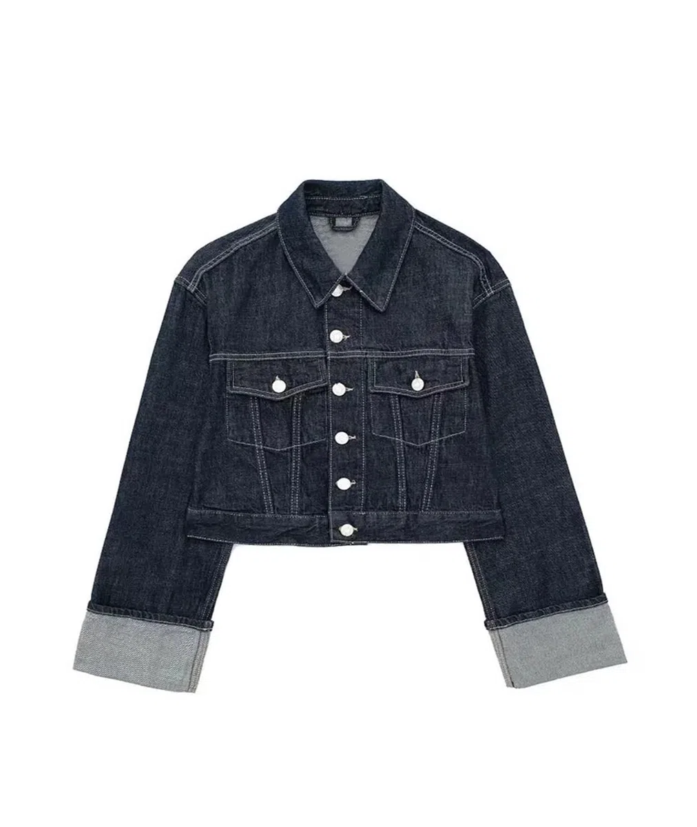 Chaqueta vaquera vintage for mujer, con solapa de un solo pecho, manga larga y bolsillos, chaqueta azul oscuro, estilo High Street