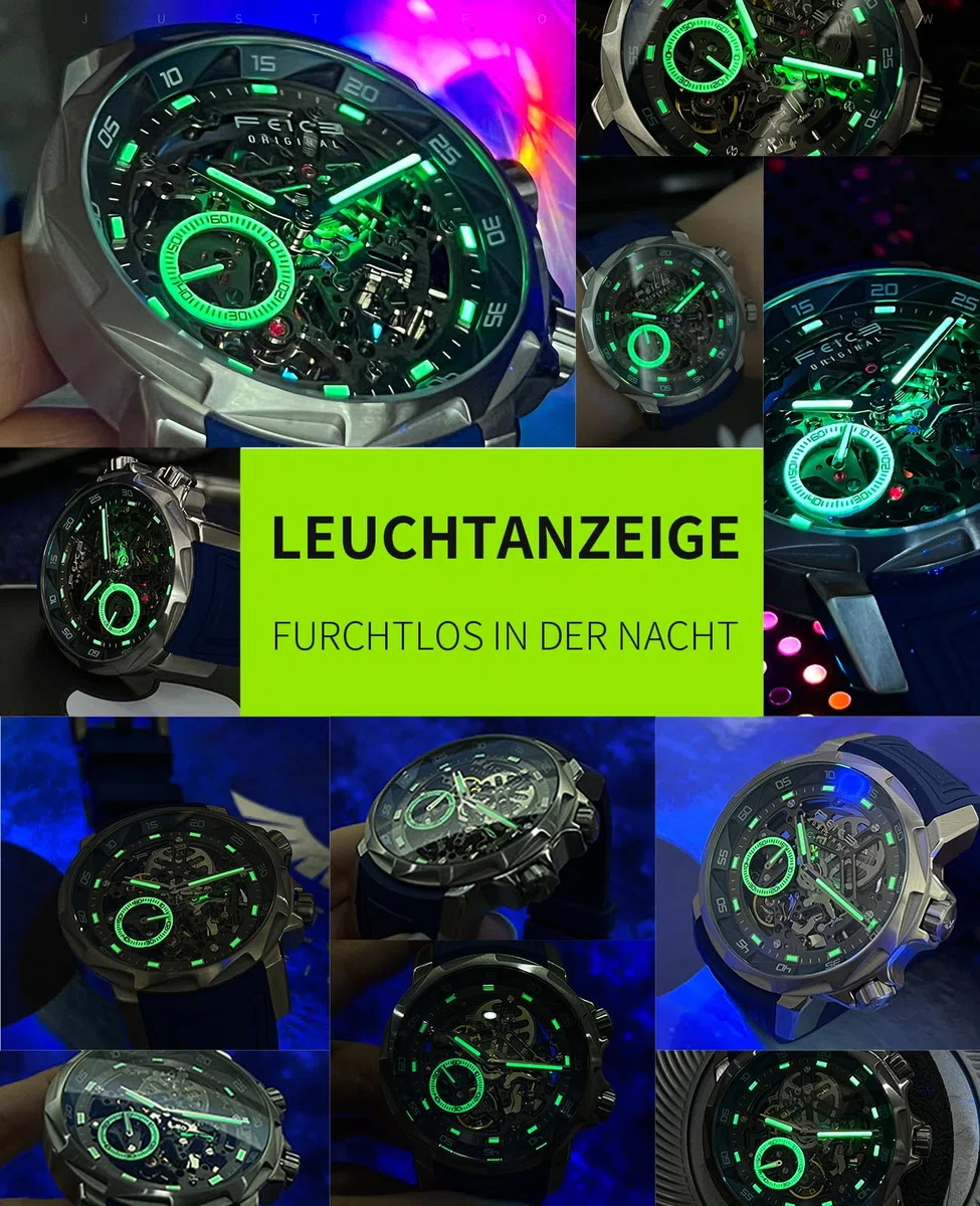 FEICE Reloj Automático para Hombre Esqueleto Cristal de Zafiro con Correa de Caucho Azul Caja de Acero Inoxidable 46mm FM511