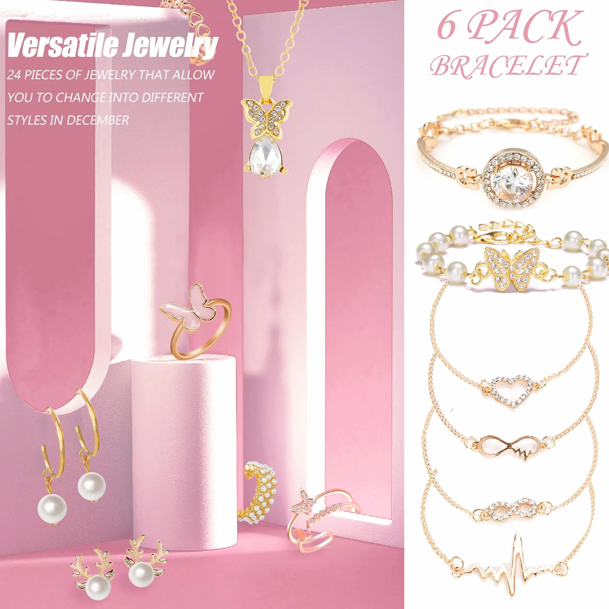 Calendario de Adviento 2025 de Navidad para mujer, pulsera de moda, collar y aretes, cuenta regresiva de 24 días, regalo sorpresa de Navidad para hija, novia, esposa, mamá (rosa)