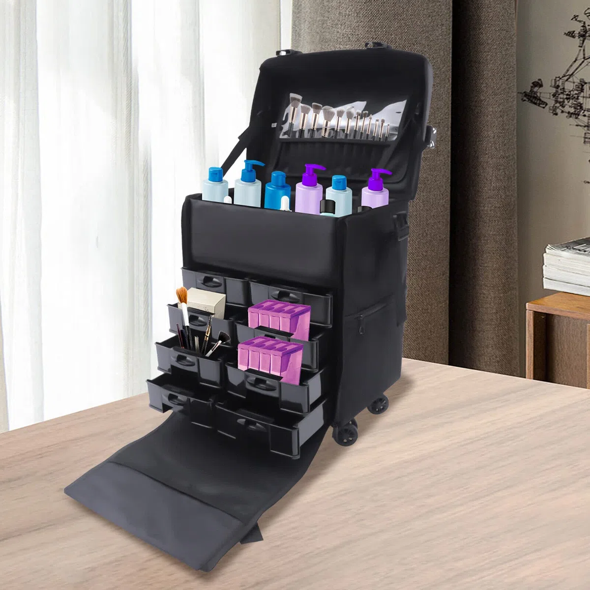 Maleta de maquillaje con cajones de almacenamiento y ruedas omnidireccionales 2 en 1 para viajes material de nailon estuche de belleza maletín de viaje maletín de peluquería maletín cosmético