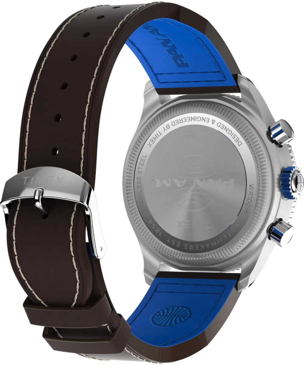 Timex Cronógrafo Flyback x Pan Am (43 mm), Esfera Azul, Correa de Piel marrón TW2W97200