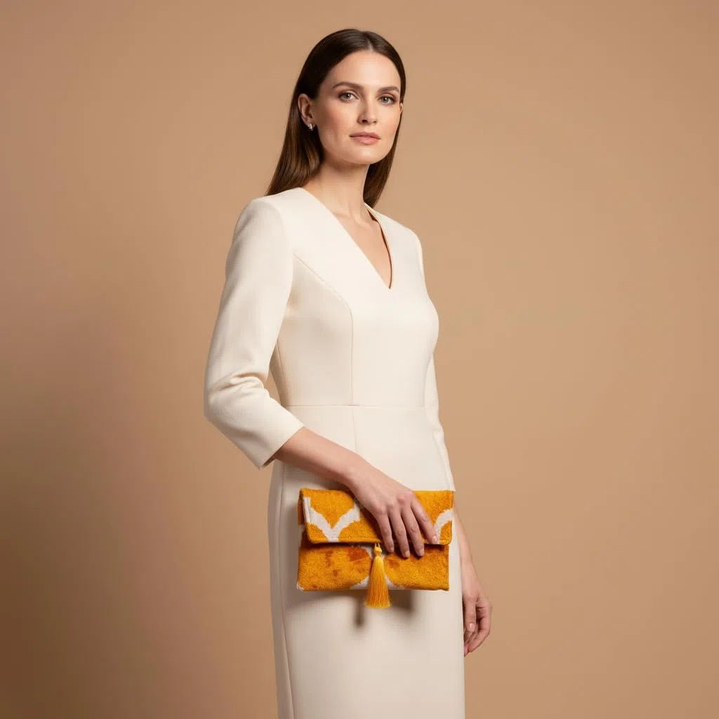 Bolso Ikat de terciopelo de seda hecho a mano, estilo sobre, diseño bohemio, patrón étnico, opción de correa de cadena, bolso de mano de fiesta de noche, bolso de mano premium, blanco roto