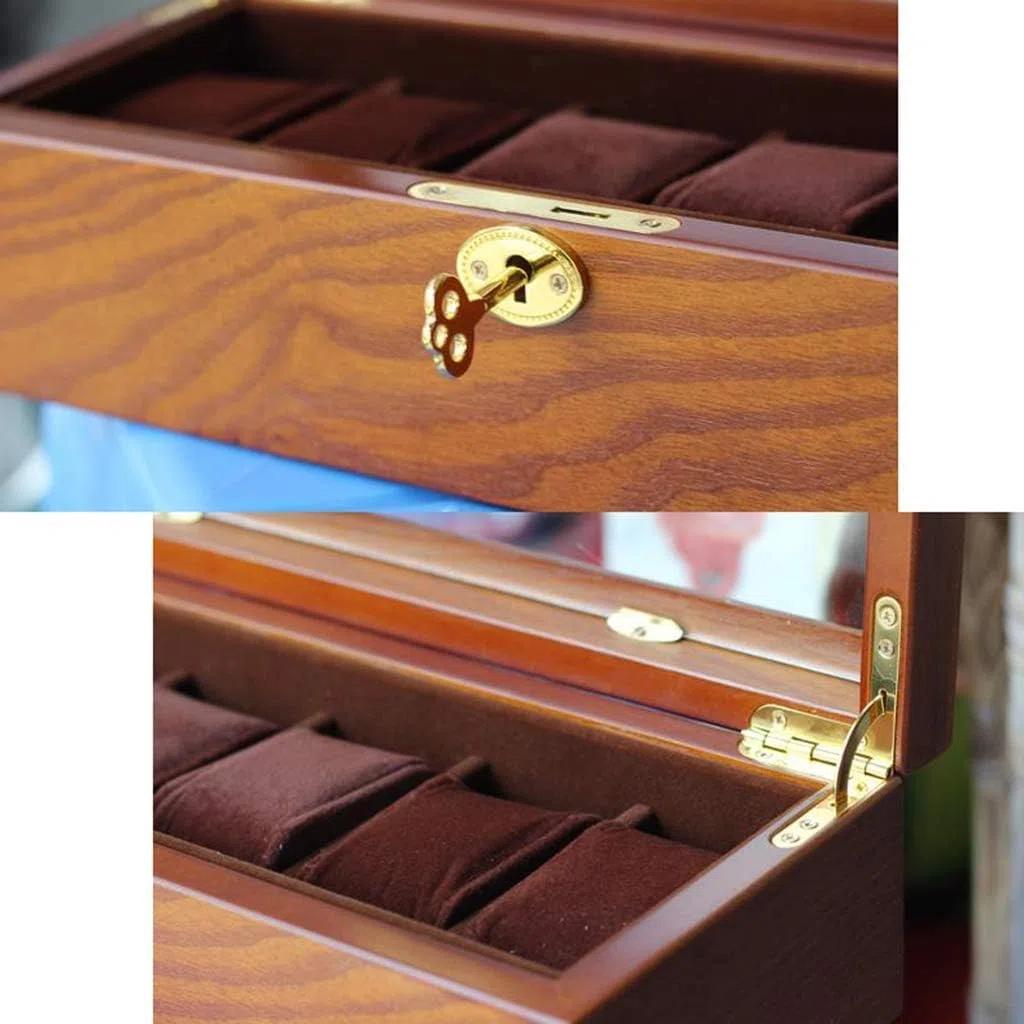 Caja de reloj de madera con 10 ranuras, caja de almacenamiento de lujo para joyas, organizador con 10 almohadas