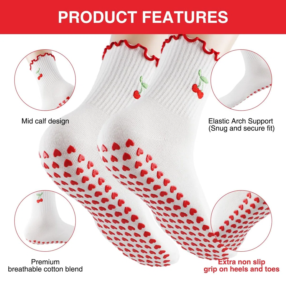 Calcetines Pilates Mujer Antideslizantes 4 Pares De Manguito Ruffle Cereza Bordado Yoga Agarre para Las Mujeres, Antideslizante Medio Ternera Barre Y Entrenamiento-6 Pairs