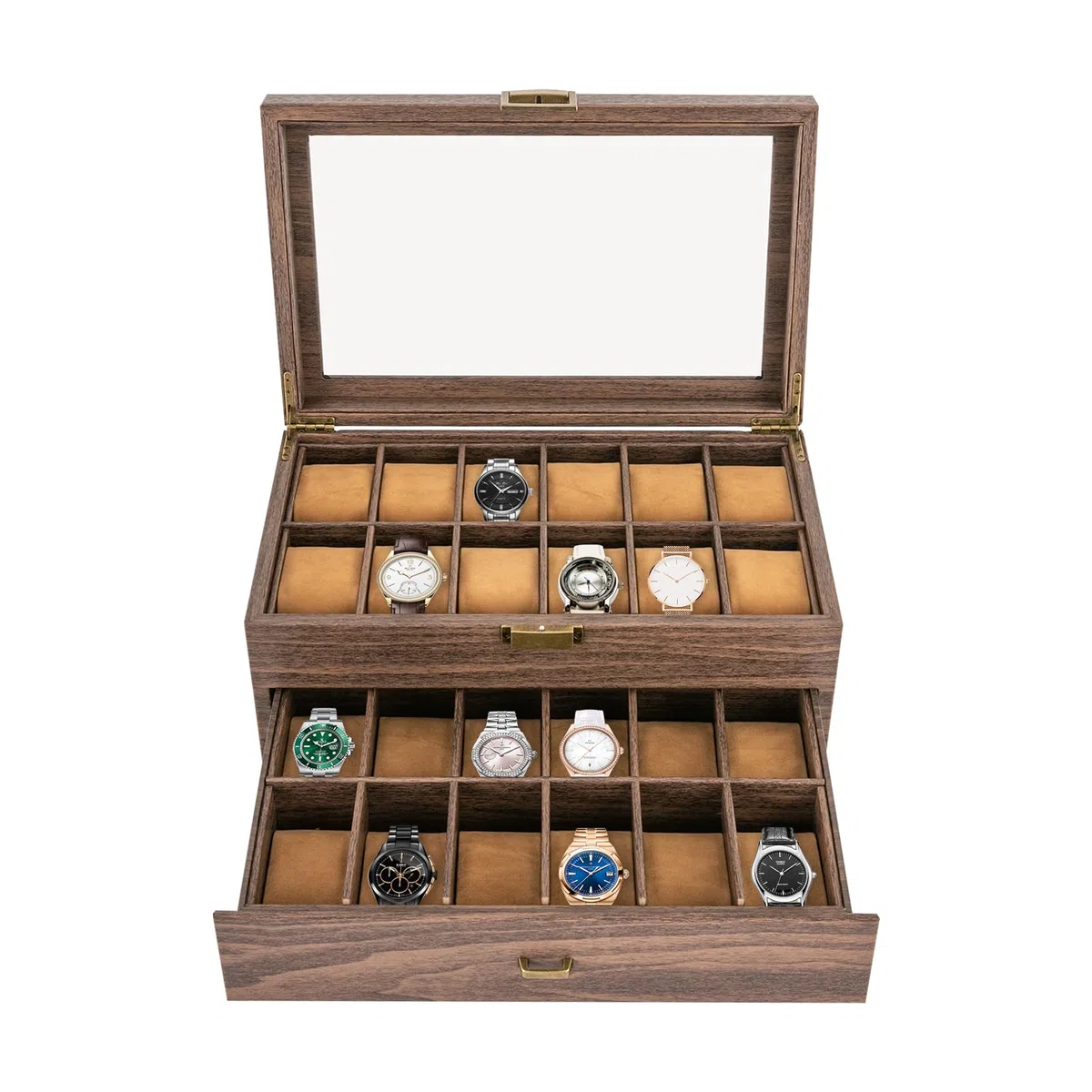 Caja para relojes con 24 compartimentos de madera, organizador para hombres y mujeres, hoja de cristal para guardar relojes, caja de almacenamiento para relojes y joyas, caja de regalo, 34 x 21 x 15