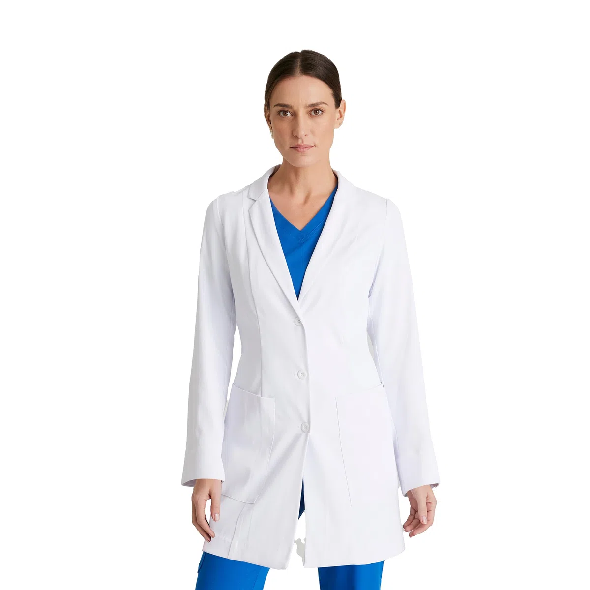 BARCO Merit - Abrigo de laboratorio para mujer, profesional, 3 bolsillos, cierre de 3 botones, manga larga, abrigo de laboratorio para mujer