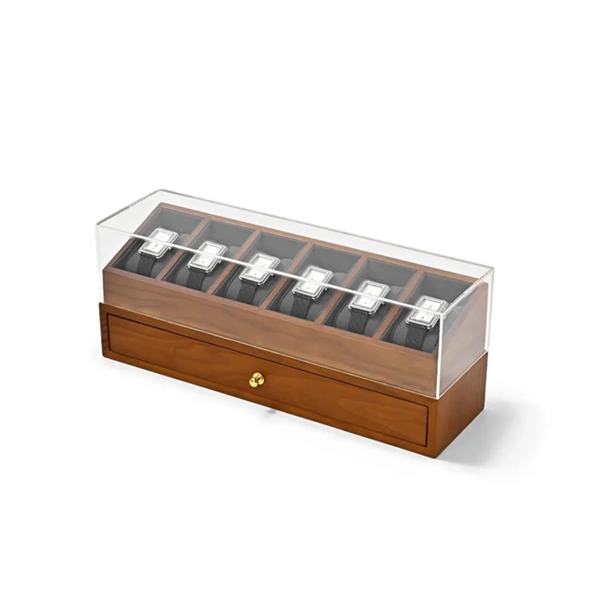 Caja de relojes de madera maciza Caja de reloj madera, organizador 6 rejillas, almacenamiento exhibición muñeca joyería doble capa