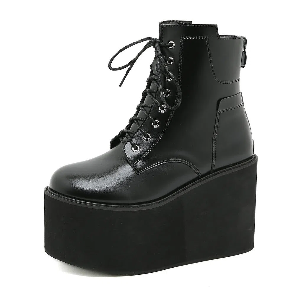 Botines De Plataforma De Tacón Alto De Cuña para Mujer con Cordones Botas Militares Punk Góticas con Cremallera