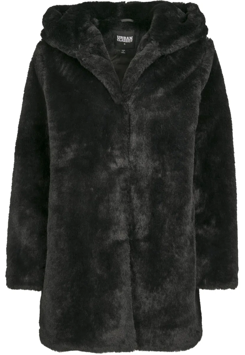 URBAN CLASSICS Abrigo de Pelo Sintético para Mujer con Capucha Grande, Chaqueta con Bolsillos Laterales y Cierre de Ojal, Tallas XS a 5XL
