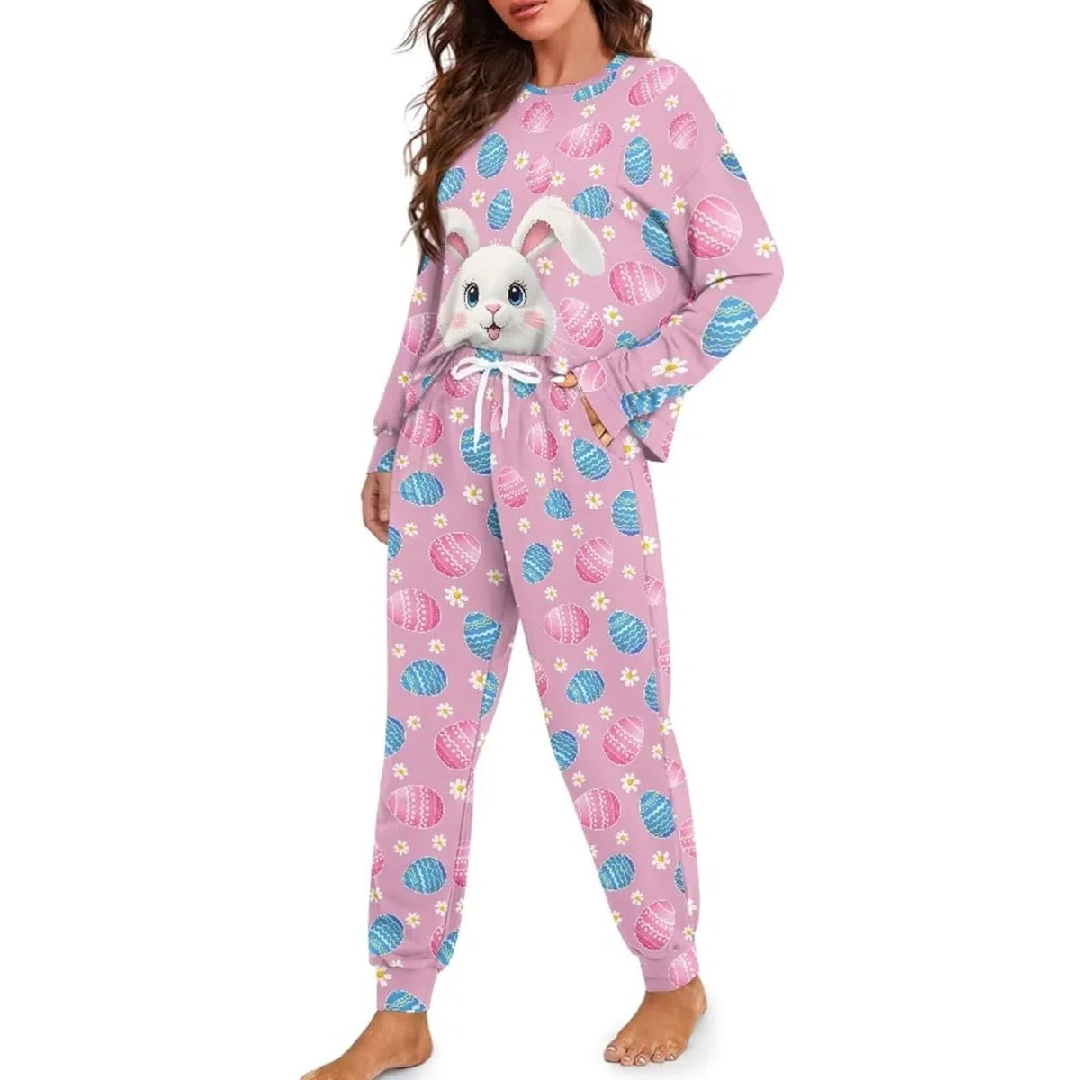 Generisch Pijama largo para mujer, suave y acogedor, pijama de manga larga de dos piezas con pantalón con cordón para relajación y sueño reparador en casa.