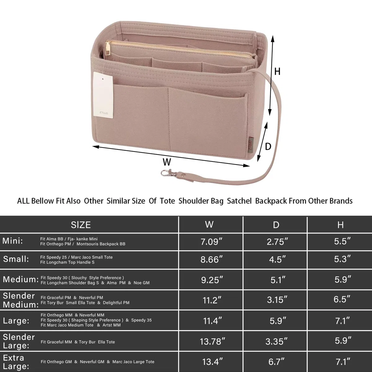 Organizador de bolso, organizador de bolsas de fieltro con cremallera, moldeador de bolsos y bolsos, Fit LV Speedy, Neverfull, Longchamp, bolso de mano (delgado grande, beige)
