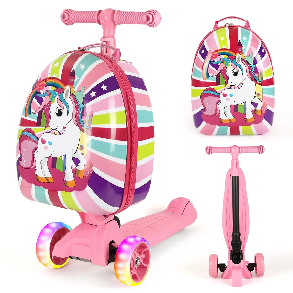 Maleta 3 en 1 para patinete, maleta rígida 3D para niños con ruedas de luz LED, mango retráctil, plegable y altura ajustable para niños y niñas (rosa)