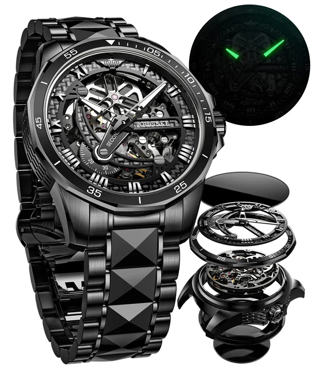 OUPINKE Reloj de pulsera automático para hombre, esqueleto plateado, esfera luminosa 3D con correa de acero de tungsteno luminosa impermeable de 5 ATM, cristal de zafiro, dos tonos, Correa negra,