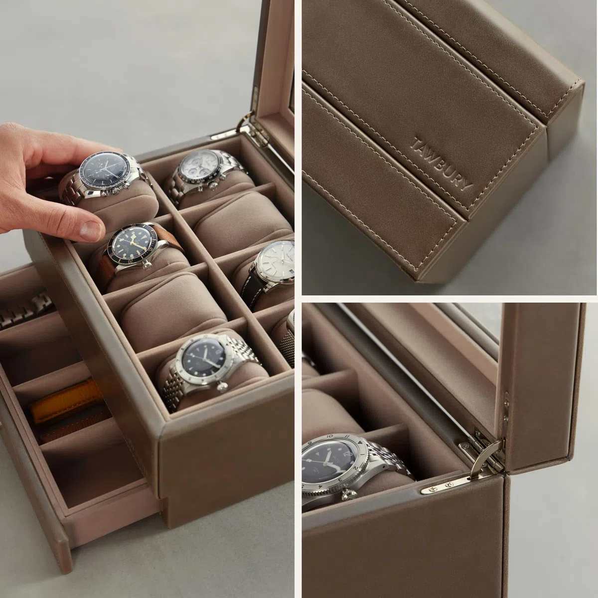 TAWBURY Caja de reloj de 8 ranuras, unisex, con cajón de almacenamiento, pantalla de cristal real y almohadas extra anchas para relojes grandes (gris pardo)