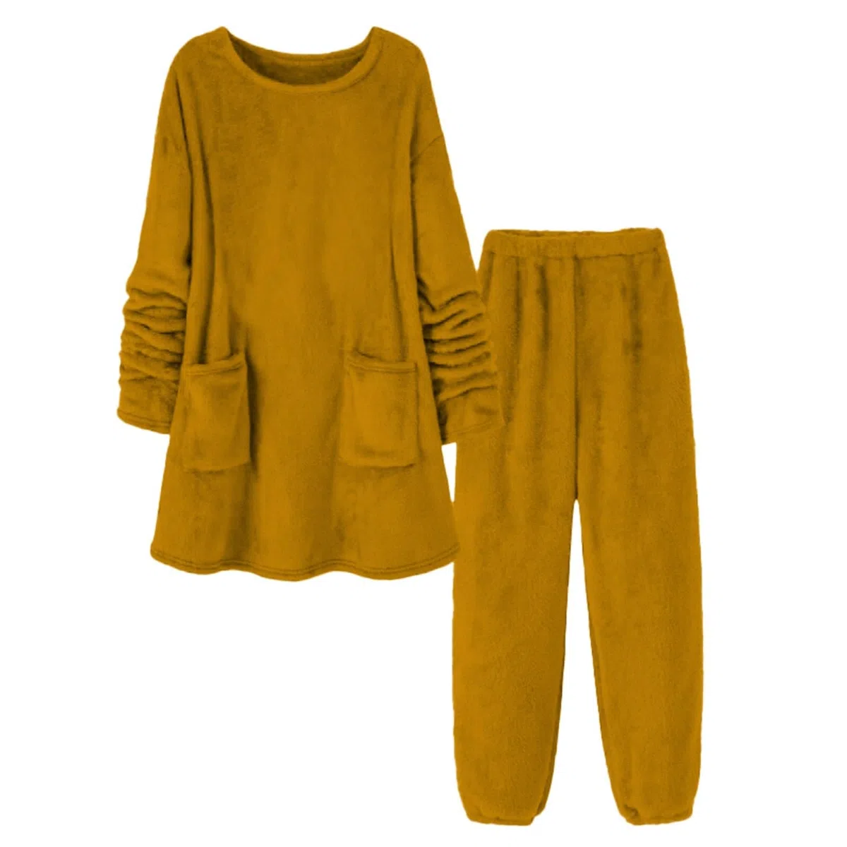 Generisch Pijama largo y esponjoso para mujer, 2 piezas, pijama monocolor, cuello redondo, cintura elástica, ropa de casa, ajuste holgado, ropa de estar cómoda con bolsillo