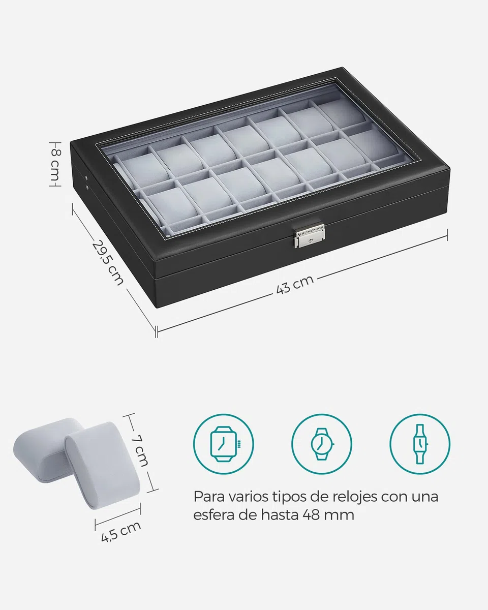 SONGMICS Caja de Relojes, Estuche de Relojes con Cierre, con 24 Ranuras, Tapa de Cristal, Regalo para Seres Queridos, Cuero Sintético, Forro Gris y Superficie Negro Tinta JWB024