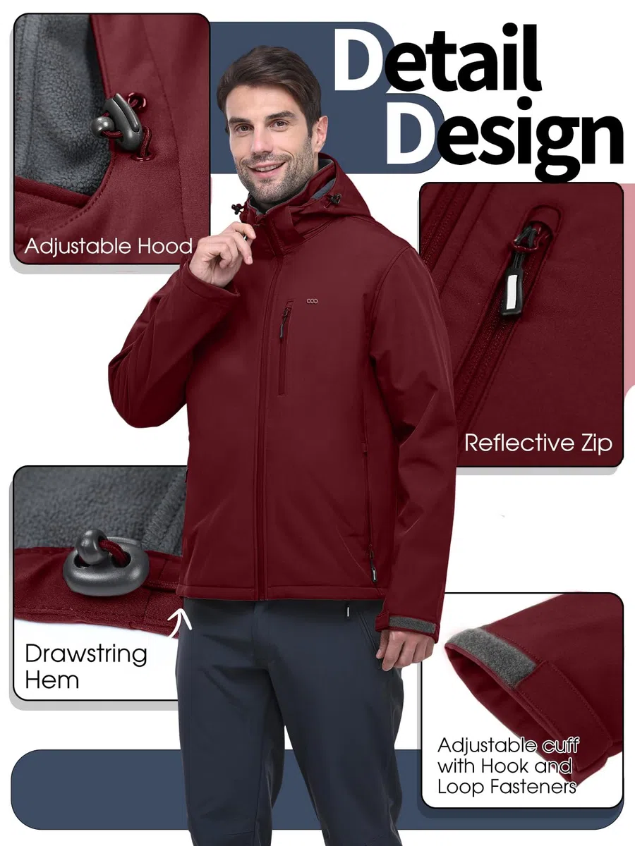 33,000ft Chaquetas impermeables para hombre, forro polar, chaqueta softshell, múltiples bolsillos, abrigo resistente al viento con capucha desmontable