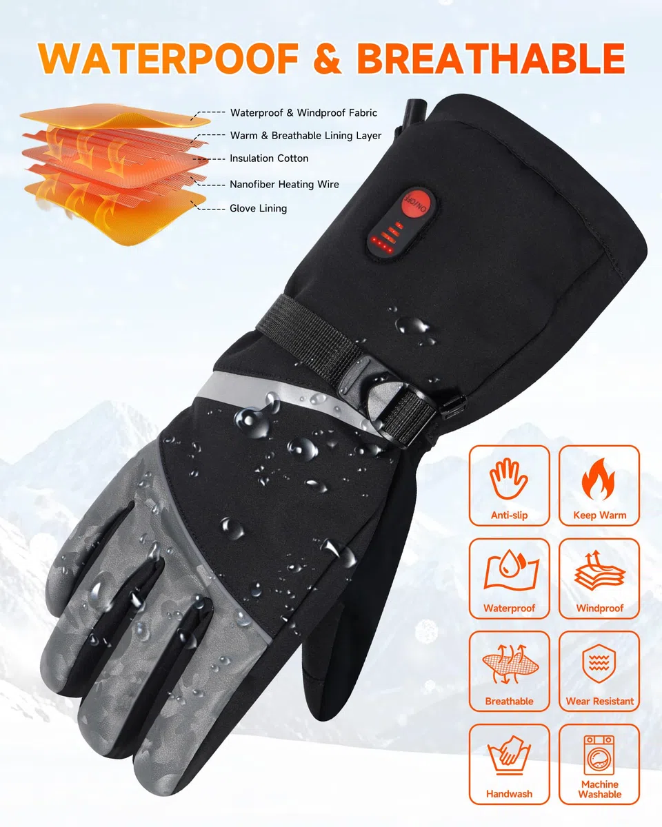 LAMA Guantes calefactables de esquí para hombre y mujer, guantes de ciclismo, guantes de invierno calentados, guantes deportivos con batería de 7,4 V 23,7 wh, para motociclismo, esquí, actividades al