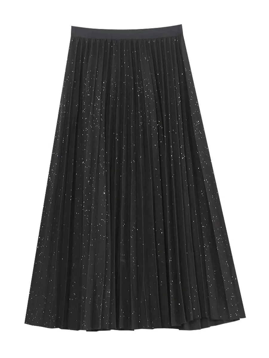 Faldas De Invierno para Mujer, Faldas De Invierno Negras Elegantes para Mujer Cintura Elástica Midi Faldas De Talle Alto para Mujer Faldas Plisadas De Una Línea(Black One Size)