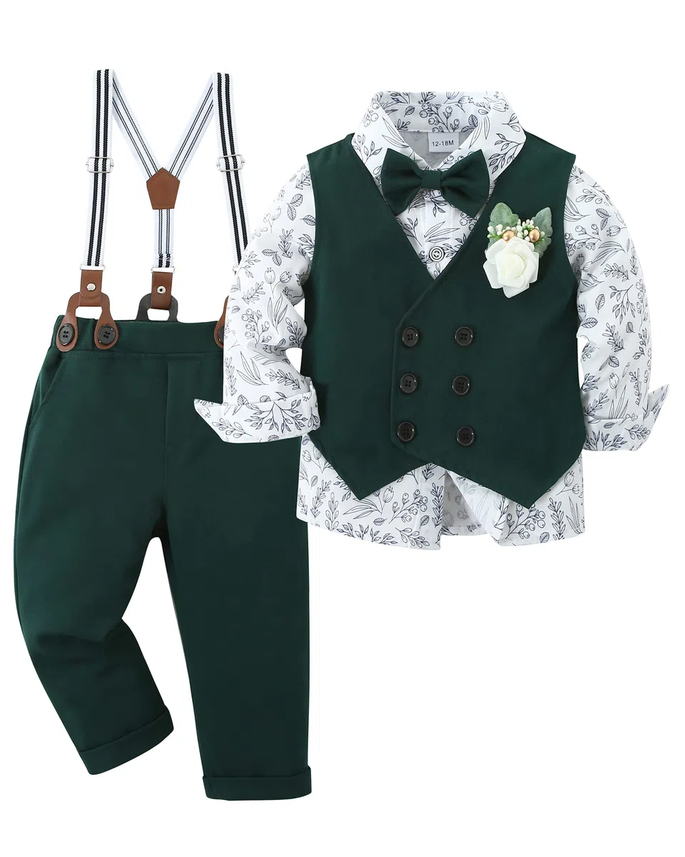 YALLET Ropa para niños pequeños, con pajarita extraíble, manga larga, pantalones con tirantes y bolsillos, de 12 meses a 10 años