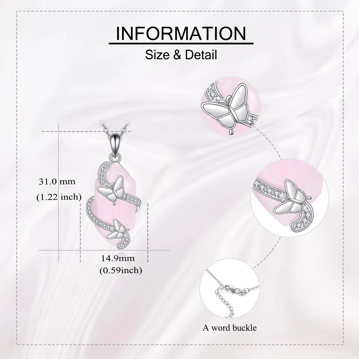 ONEFINITY Collar de cuarzo rosa de plata de ley 925 con colgante de mariposa, cristal rosa, joyería de cuarzo rosa para mujer