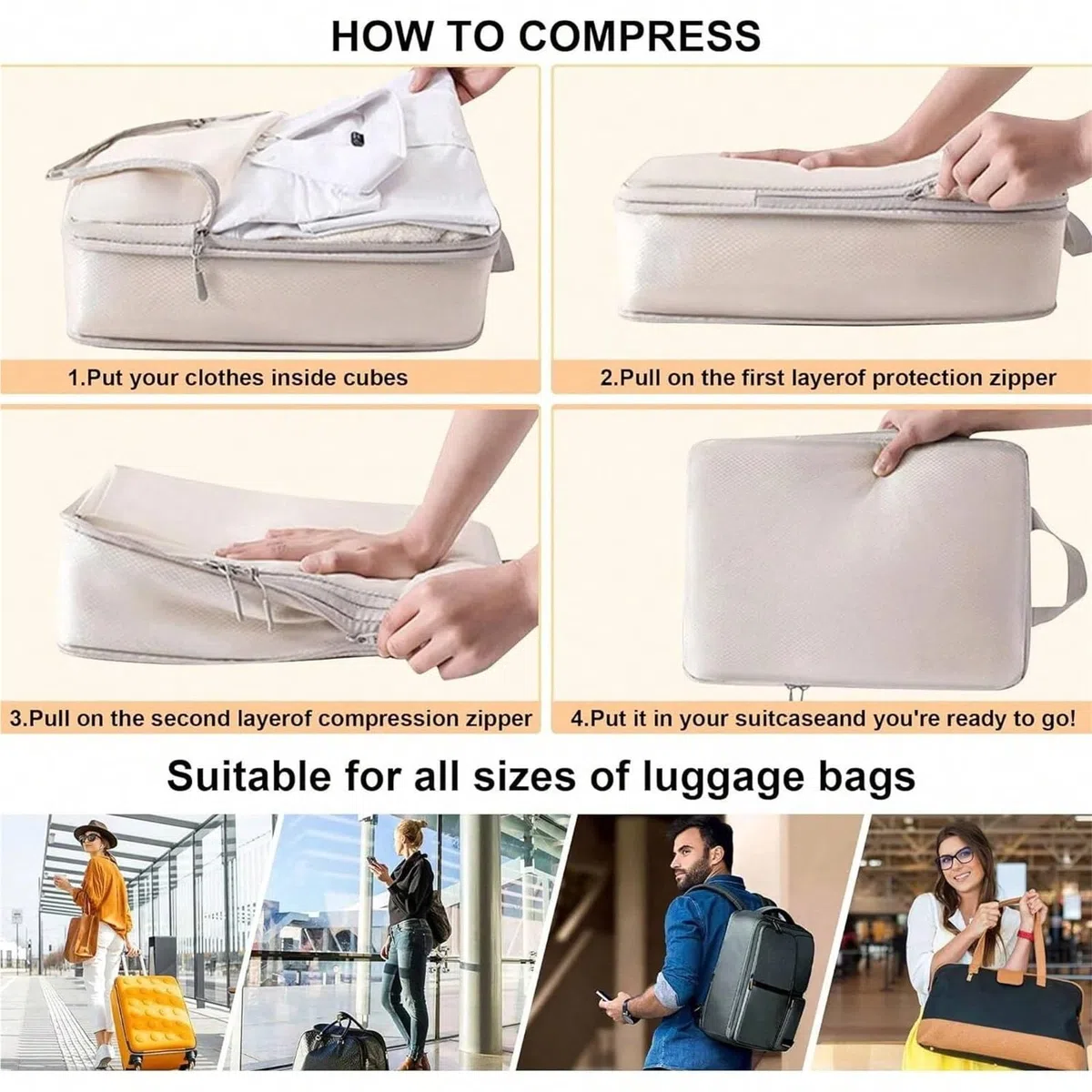 Bolsas de viaje comprimibles 6 piezas, impermeables, nailon, portátiles, con organizador equipaje Organizadores para maletas(6 pcs beige)