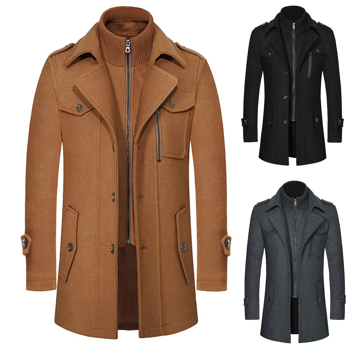 Abrigo de lana con cuello de doble capa para hombre, gabardina de longitud media, abrigo de diseño moderno, abrigo grueso y ajustado, abrigo térmico resistente al viento, abrigo liso de un solo pecho