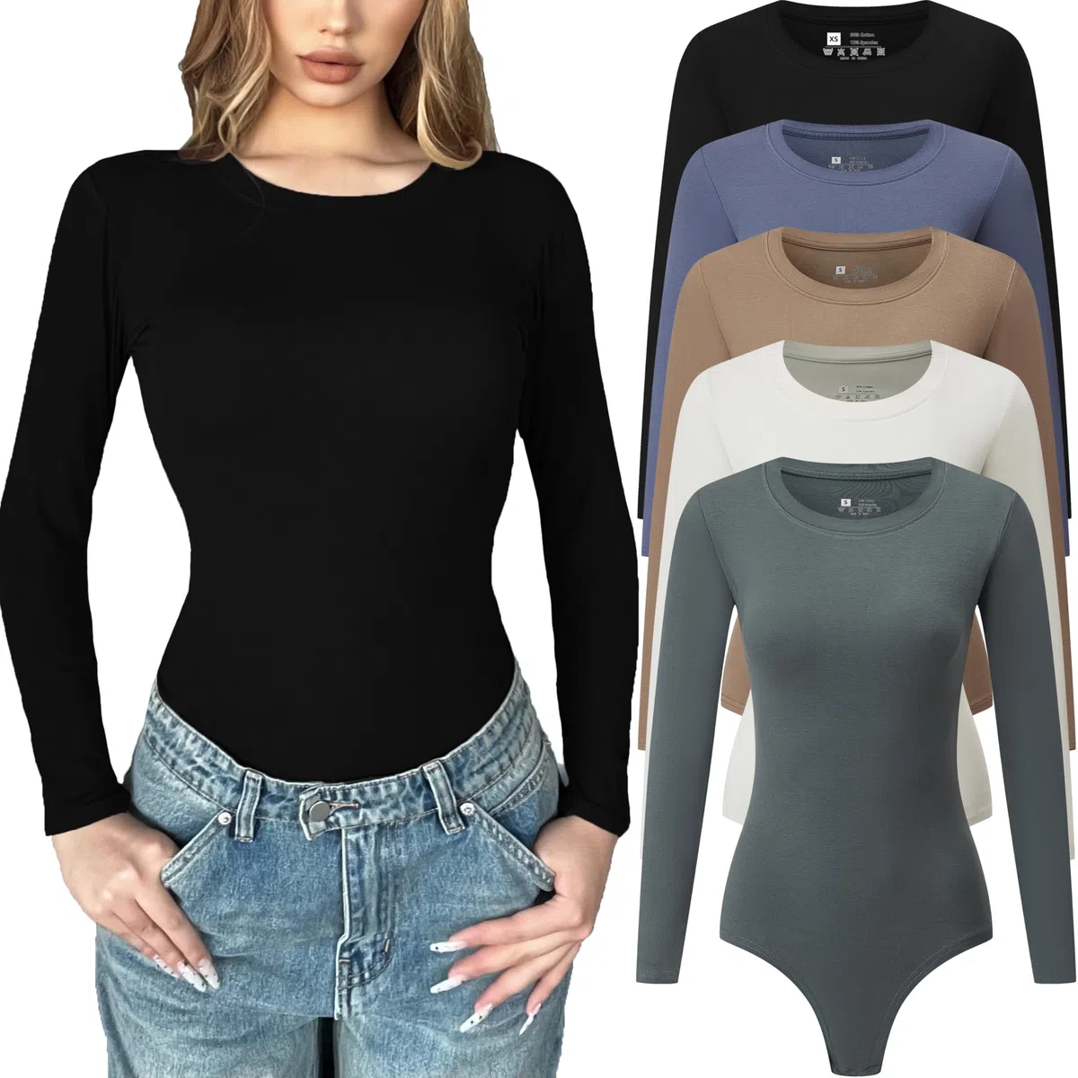 Chongbaijia Paquete de 5 mamelucos de manga larga para mujer, cuello redondo, casual, elástico, básico, camisetas
