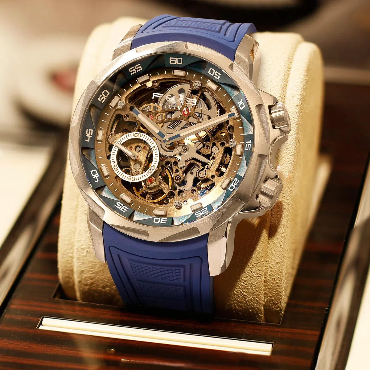 FEICE Reloj Automático para Hombre Esqueleto Cristal de Zafiro con Correa de Caucho Azul Caja de Acero Inoxidable 46mm FM511