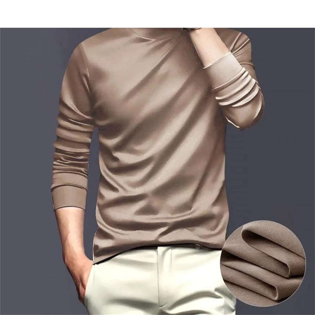 Camiseta de manga larga de algodón mercerizado de cuello alto para hombre, antiestática, suave, informal