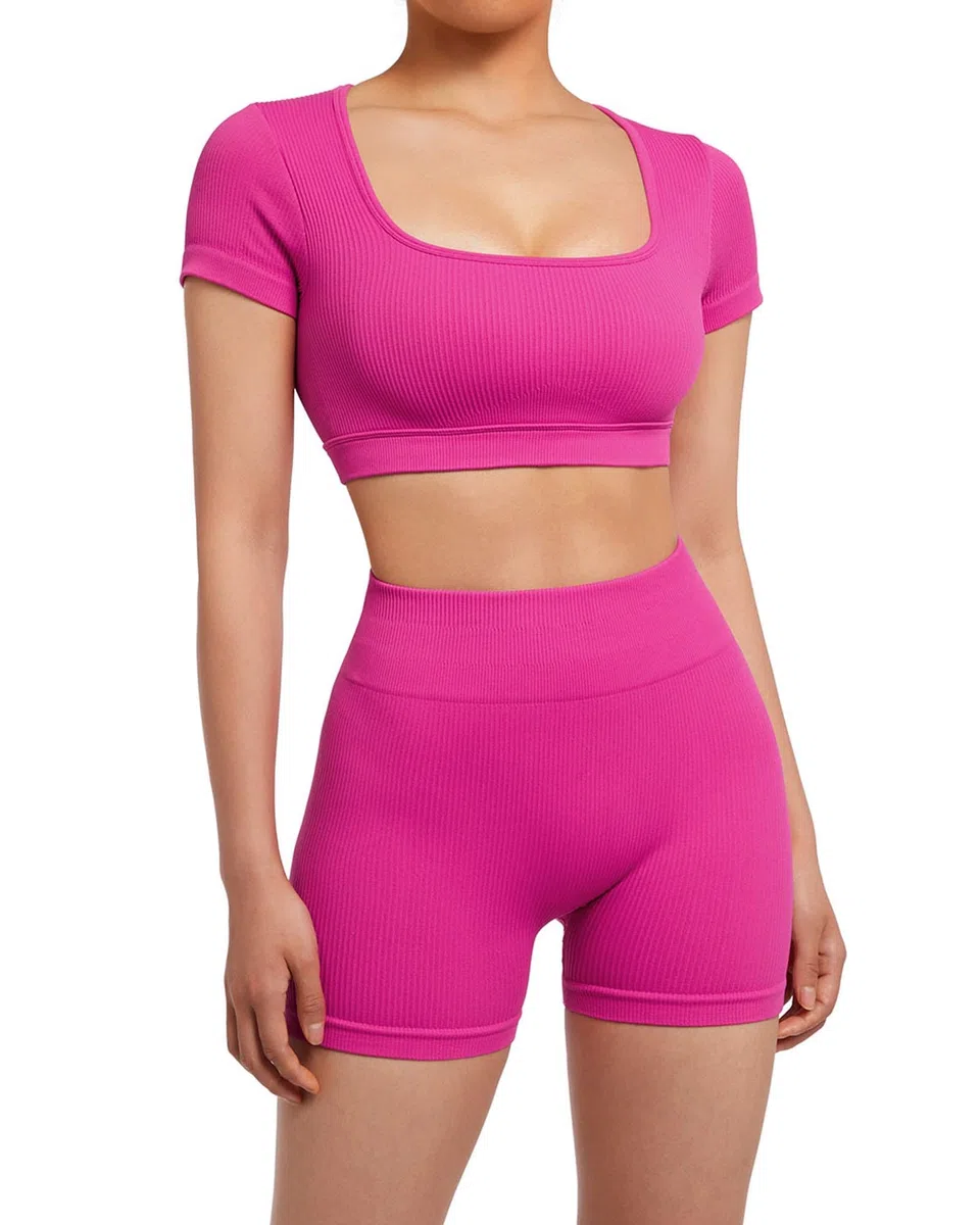 SUUKSESS Conjunto de 2 piezas de pantalones cortos de manga corta con espalda abierta, sin costuras, acanalados, para entrenamiento