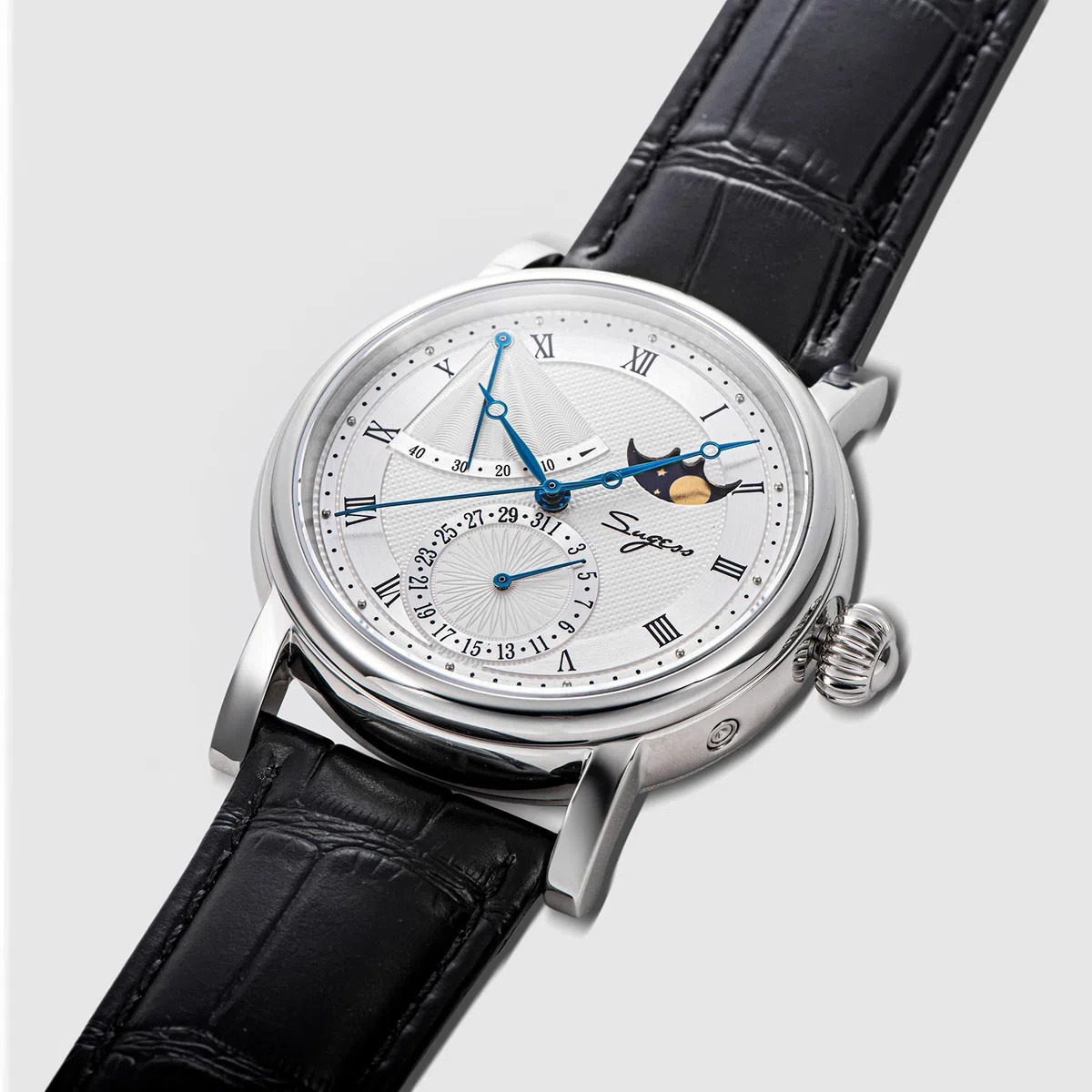 SU2153SW MoonPhase Master Seagull ST2108 - Reloj mecánico automático para hombre con cristal de zafiro 1963, plata, Correa
