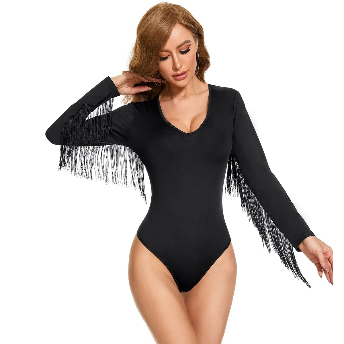 American Trends Body de manga larga con cuello en V y ribete de flecos para mujer, traje de concierto, vaquera, discoteca, overol de leotardo, negro, talla XL, Negro, XL