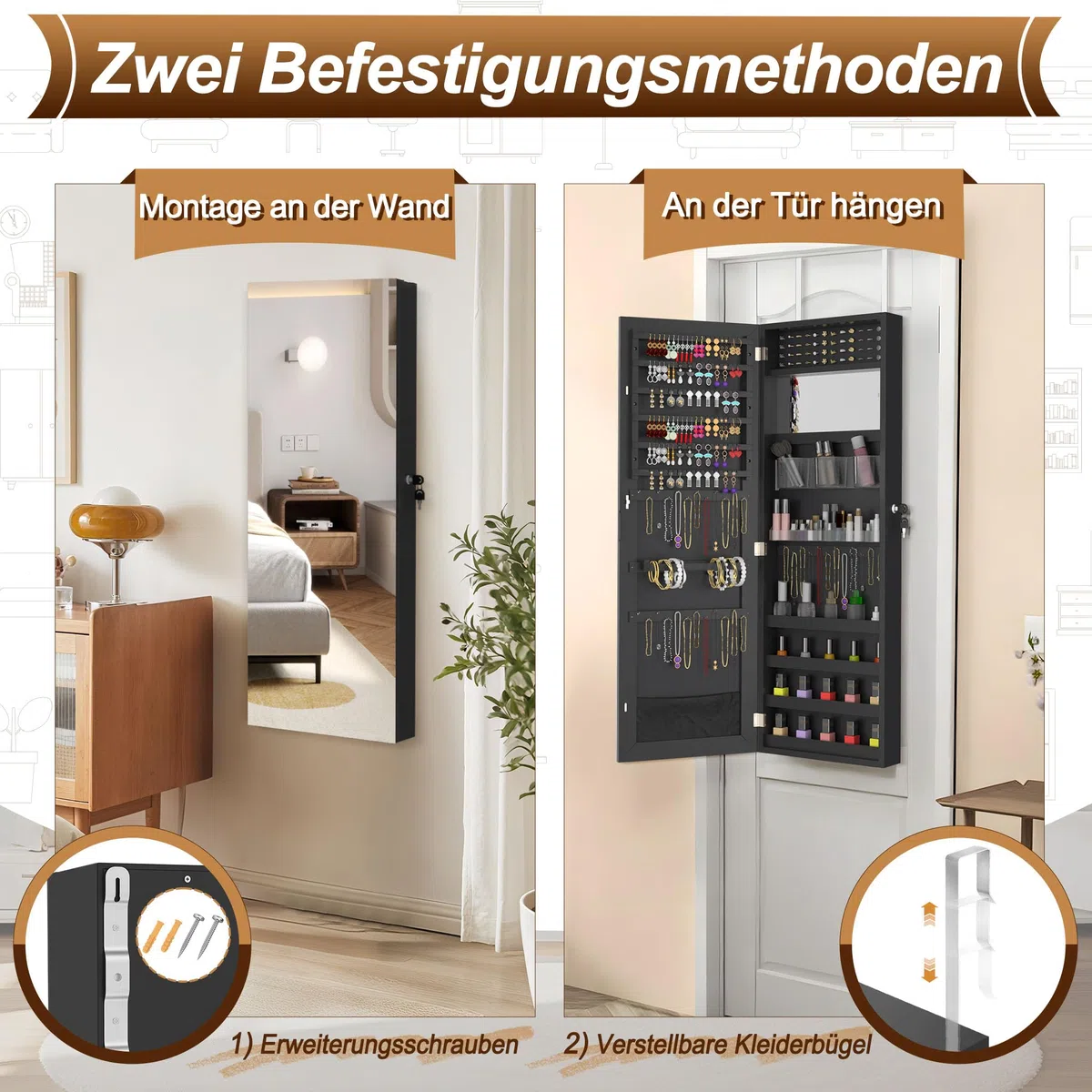 FIVMEN Mueble para joyería con espejo, mueble de pared, joyero colgante con cerradura, organizador de maquillaje 2 en 1 con espejo de cuerpo entero, espejo de pie, negro